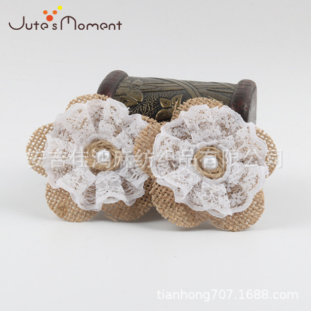 厂家批发 蕾丝黄麻花朵 DIY手工婚庆镶钻布艺花 礼品包装麻布花