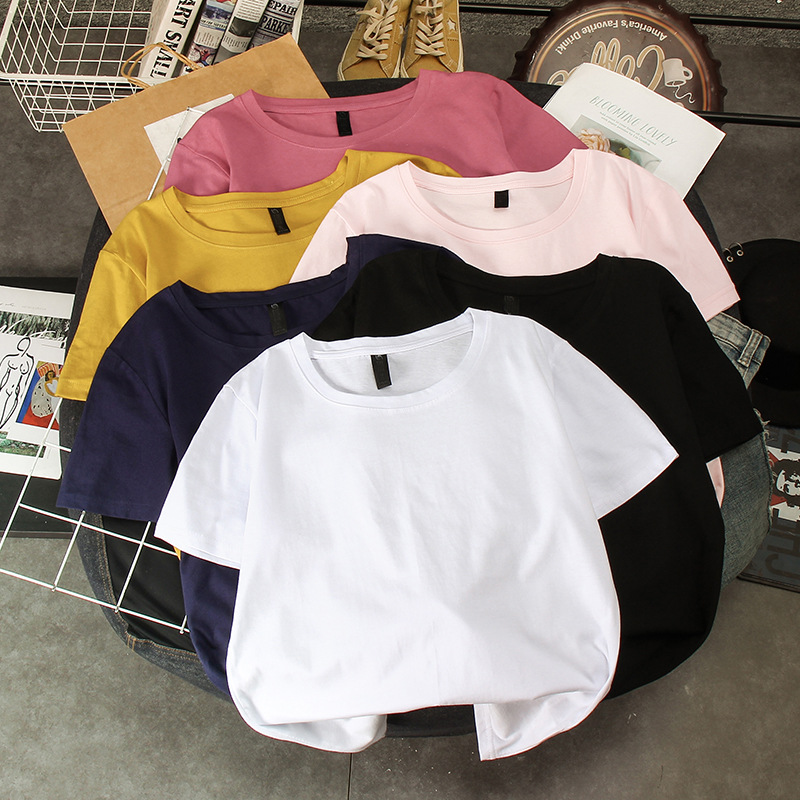 Summer fitted short solid T-shirt for students