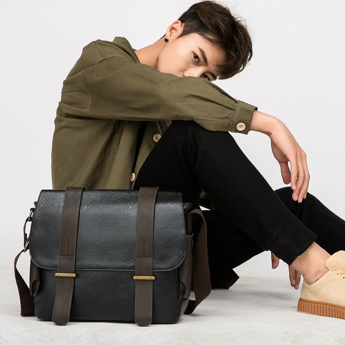 Wholesale New Korean Style PU Leather Men's Crossbody Bag Fashion Trend Single Shoulder Bag Horizontal School Bag Hanger Bag Tool Backpack