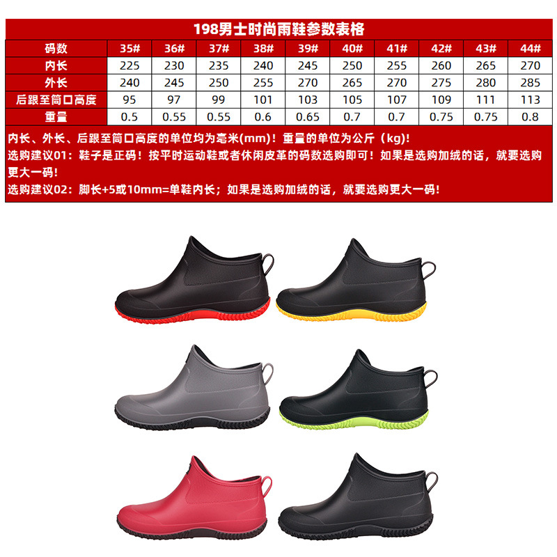 Botas de lluvia para mujer, calzado de trabajo cálido para exteriores y cocina, zapatos de agua de caña baja, botas de lluvia de PVC para hombre, moda de otoño image 4