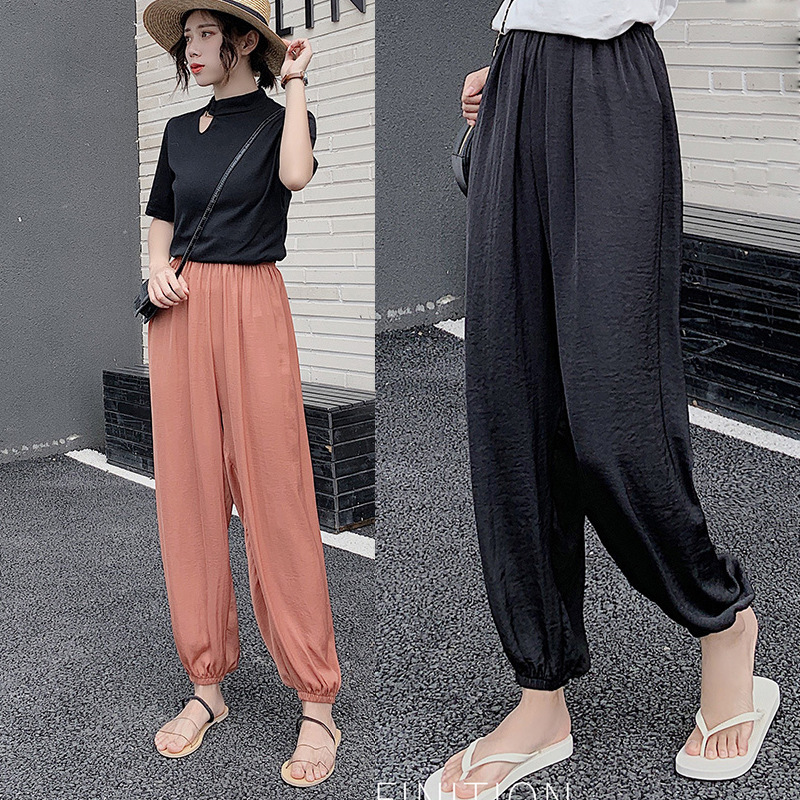 Summer Ice Silk Wide Leg Pants High Waist Slimming Cropped Casual Pants Women's New All-match Dagging Loose Lantern Cool Pants