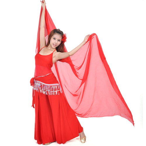 Semi-sheer gauze suspender top + single-open straight pants + wrinkled suspender waist chain, three-piece belly dance suit