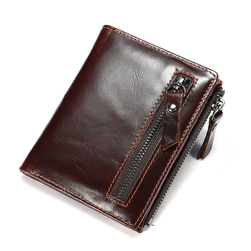Ví nam da bò thật dạng đứng có khóa kéo, nhiều ngăn đựng thẻ và tiền xu, 9×1,5×11 cm — Cà phê, Cà phê đậm, Màu đen