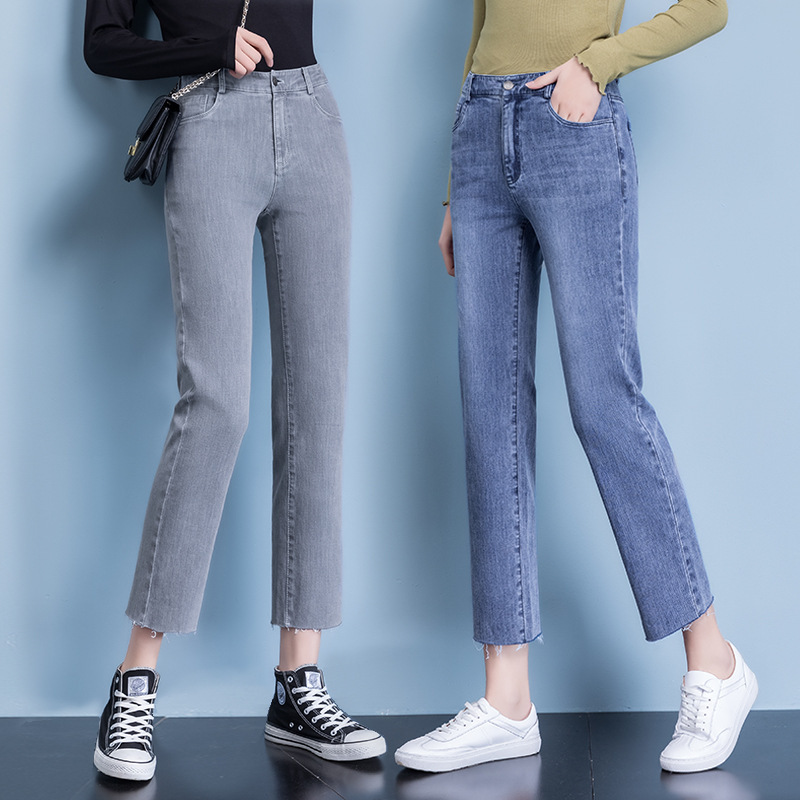 If Clearance Sales Occur, 2025 Summer Raw Hem Denim Jeans for Women, Straight Leg, Cigarette Style, Elastic Waist, Slim Fit, Slimming Effect 20601
