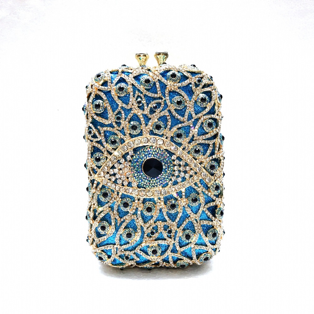 Túi clutch dạ hội đính đá pha lê kim loại rỗng kiểu dọc — Màu xanh lam, Vàng/Xanh đậm AB mắt, Màu bạc, Vàng/Con công xanh AB mắt