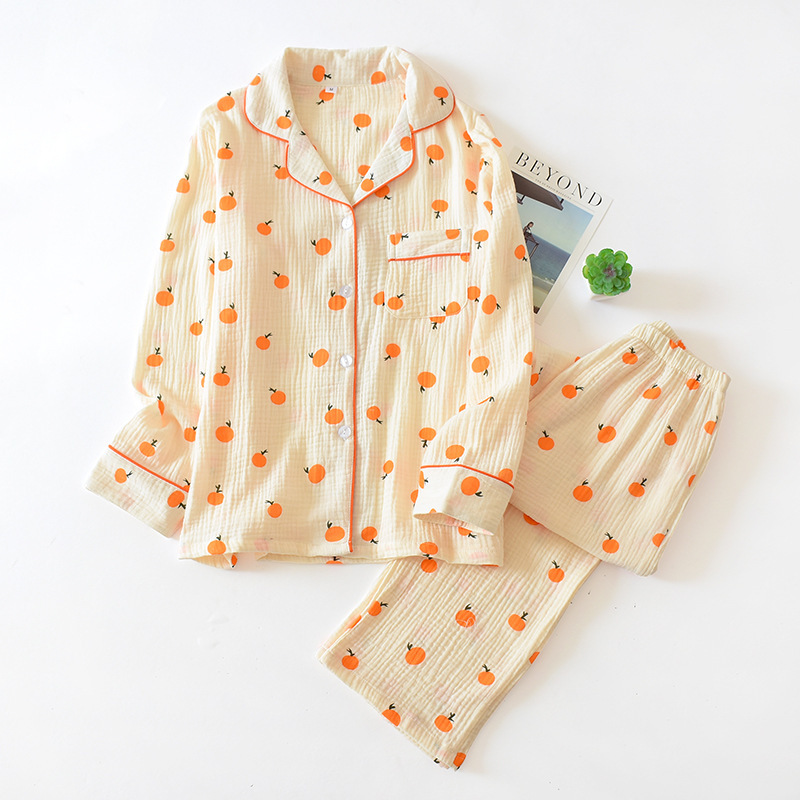 Spring and Summer Gauze Pajamas Washed Crepe Women's Pajamas Gauze Long Sleeve Trousers Cardigan Loose Home Clothes Set