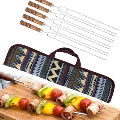 Outdoor BBQ grilling fork stainless steel grilling skewers wooden handle U-shaped grilling needle picnic barbecue meat fork 5-piece set export wholesale