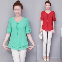 实拍 中年妇女胖妈妈装夏季宽松大码短袖t恤新款上衣荷叶边雪纺衫