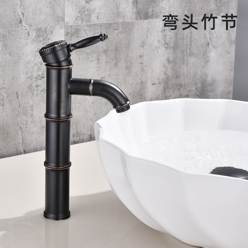 Grifo de Bambú para Lavabo de Cobre Agua Fría y Caliente Estilo Antiguo para Baño