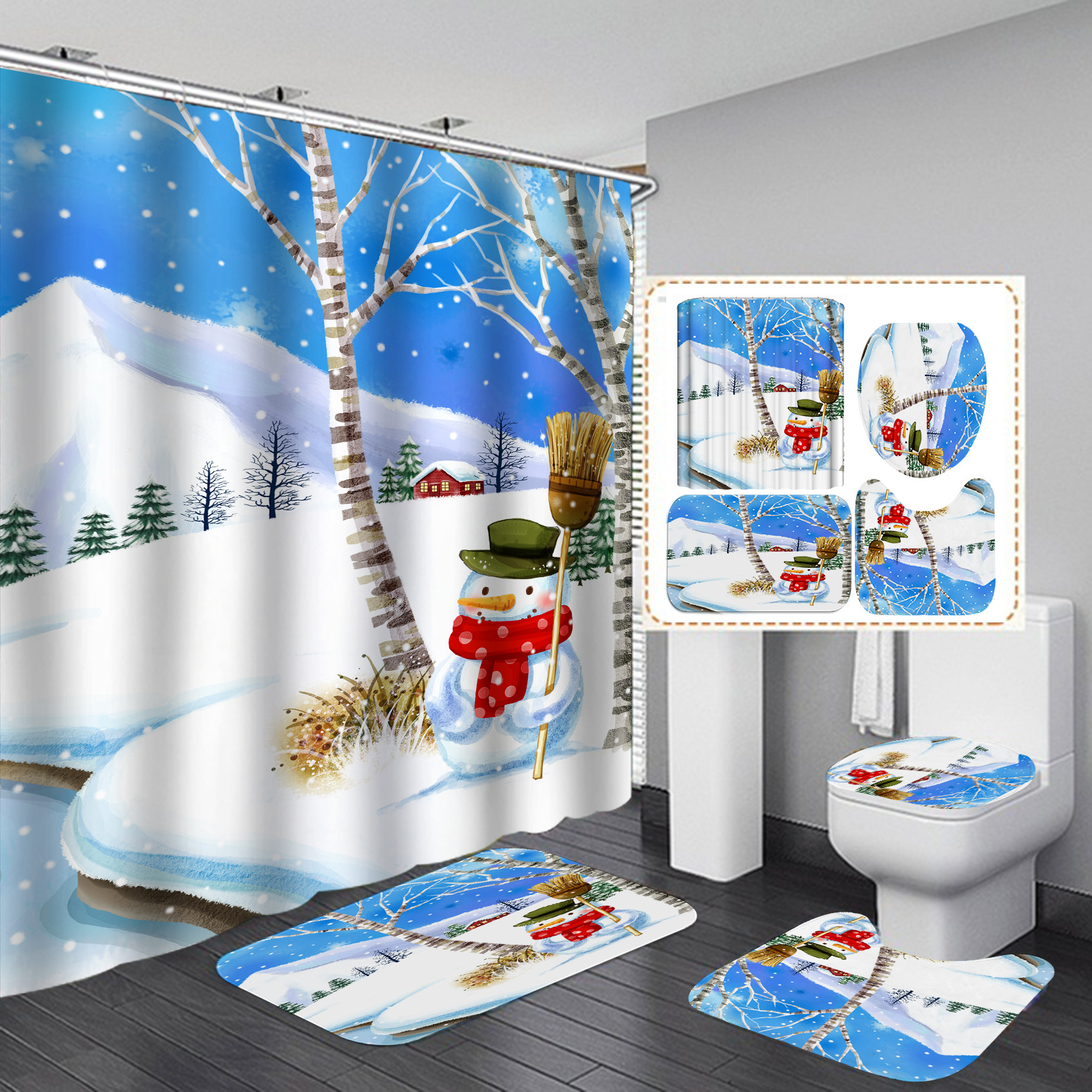 Suministro directo transfronterizo Impresión digital poliéster impermeable Navidad muñeco de nieve serie baño Cortina de ducha suministro directo de fábrica Cortina de ducha al por mayor