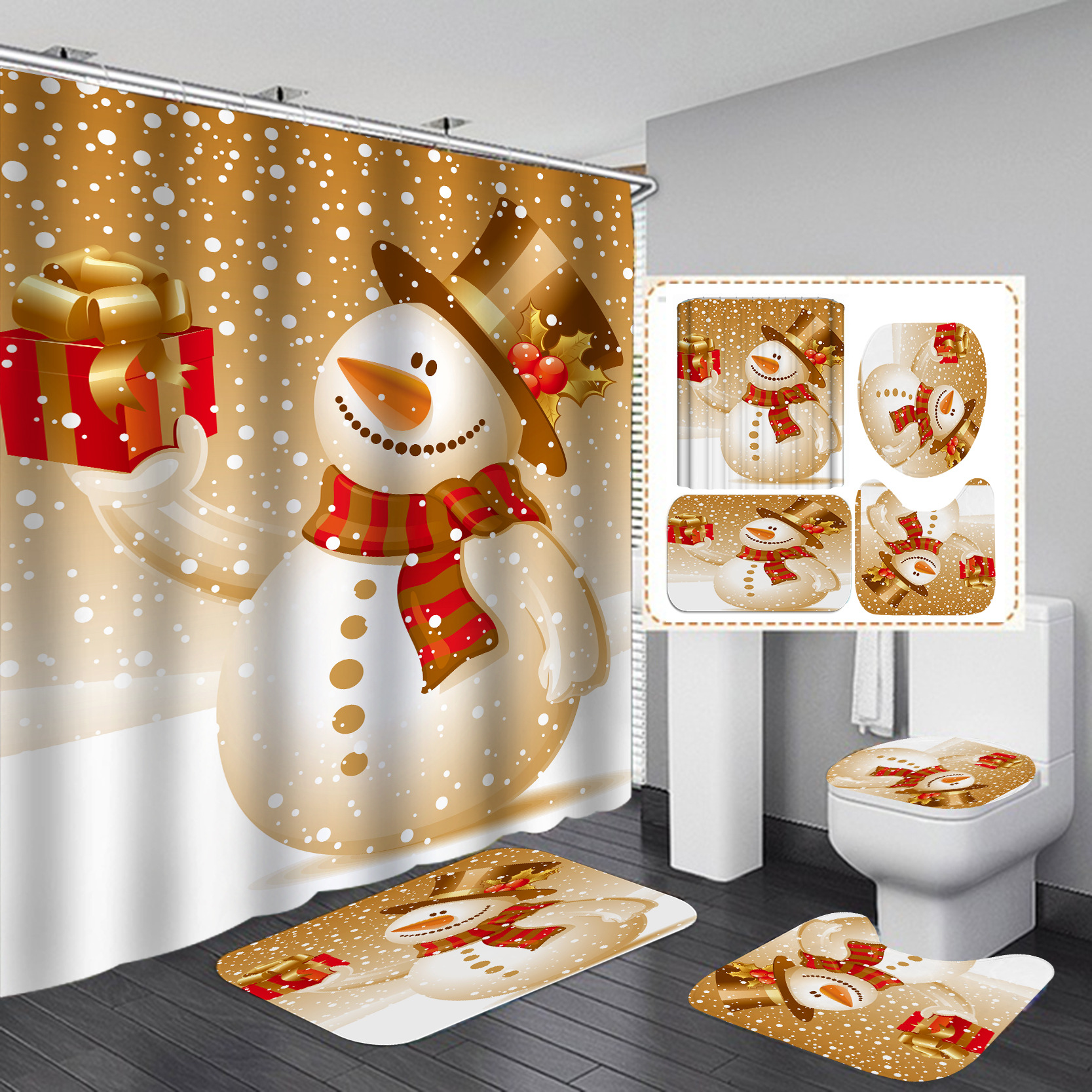 Suministro directo transfronterizo Impresión digital poliéster impermeable Navidad muñeco de nieve serie baño Cortina de ducha suministro directo de fábrica Cortina de ducha al por mayor