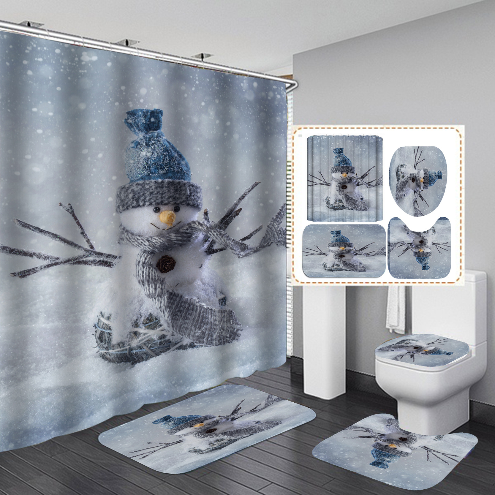 Suministro directo transfronterizo Impresión digital poliéster impermeable Navidad muñeco de nieve serie baño Cortina de ducha suministro directo de fábrica Cortina de ducha al por mayor