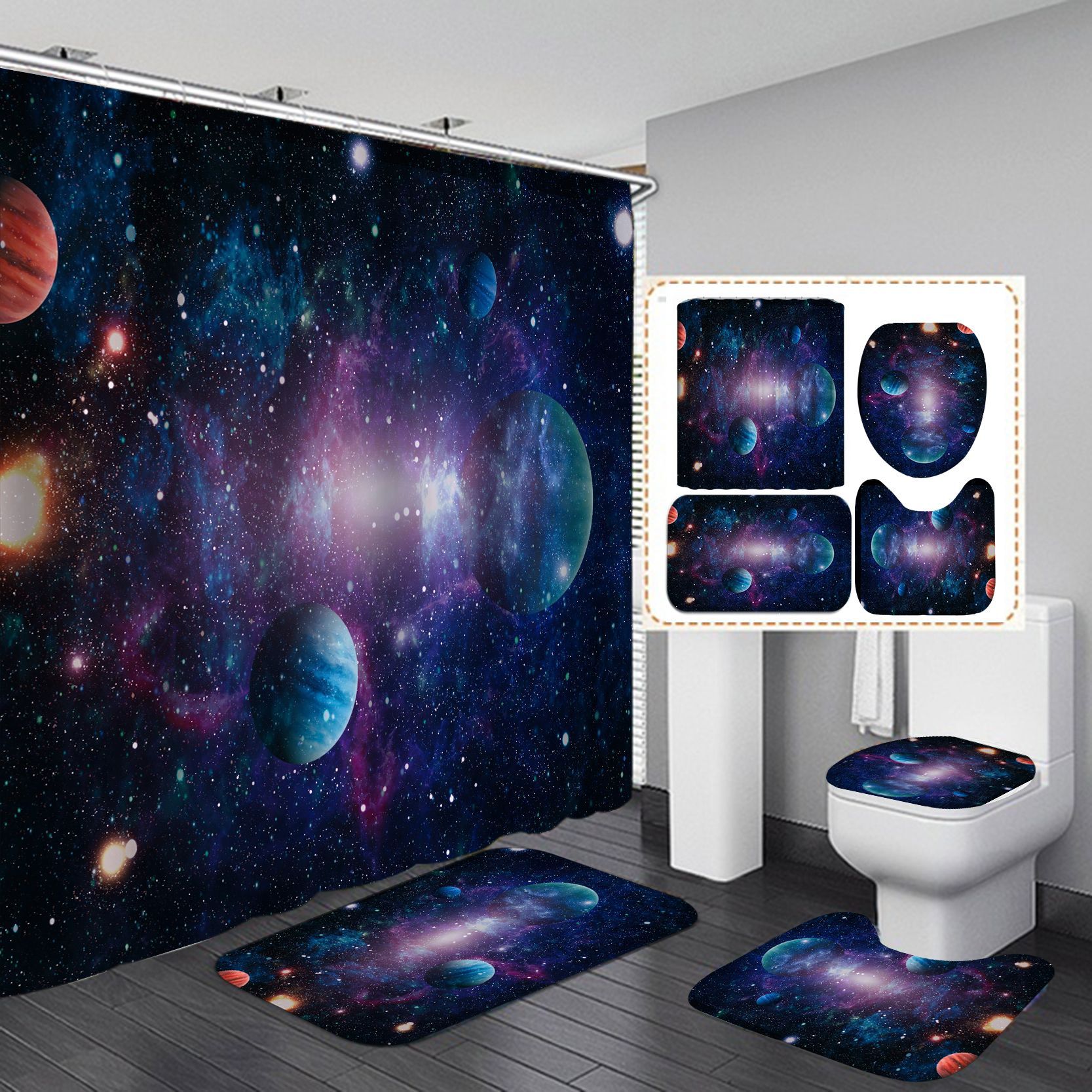 Amazon AliExpress impresión digital impermeable azul sueño cielo estrellado agujero negro planeta cielo cortina de ducha suministro directo de fábrica