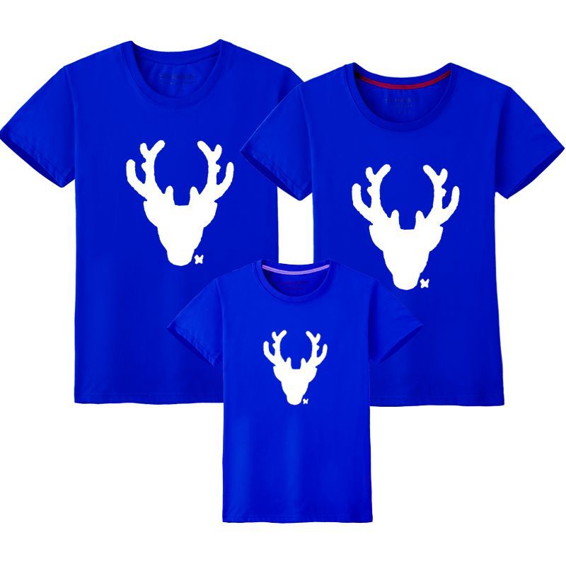 Año nuevo verano gran ciervo cabeza auto-producido algodón padre-niño ropa clase ropa impresa ropa de los niños de manga corta cuello redondo Camiseta al por mayor