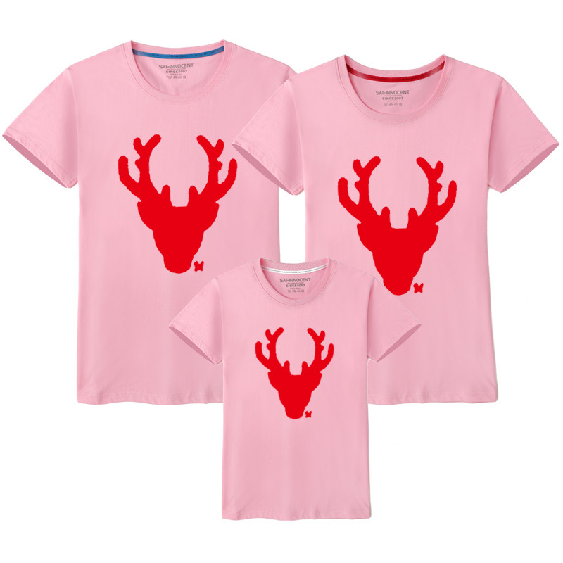 Año nuevo verano gran ciervo cabeza auto-producido algodón padre-niño ropa clase ropa impresa ropa de los niños de manga corta cuello redondo Camiseta al por mayor