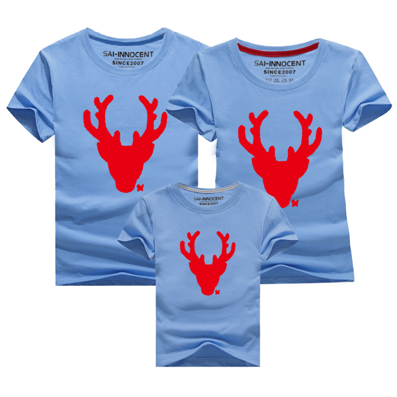 Año nuevo verano gran ciervo cabeza auto-producido algodón padre-niño ropa clase ropa impresa ropa de los niños de manga corta cuello redondo Camiseta al por mayor