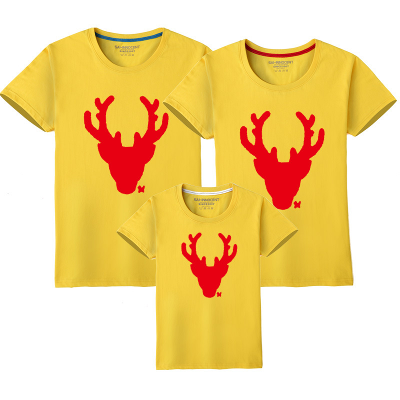 Año nuevo verano gran ciervo cabeza auto-producido algodón padre-niño ropa clase ropa impresa ropa de los niños de manga corta cuello redondo Camiseta al por mayor