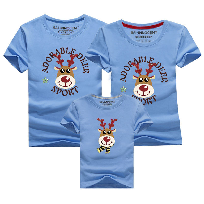 Año nuevo verano círculo ciervos auto-producción de algodón padre-niño ropa impresa ropa para niños manga corta cuello redondo Camiseta al por mayor