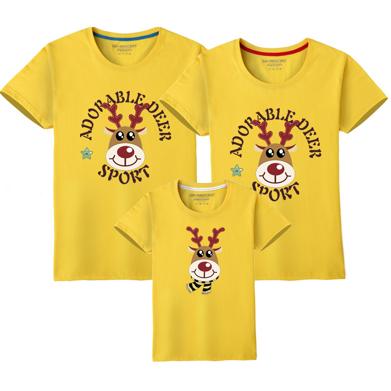 Año nuevo verano círculo ciervos auto-producción de algodón padre-niño ropa impresa ropa para niños manga corta cuello redondo Camiseta al por mayor