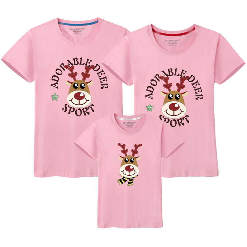 Año nuevo verano círculo ciervos auto-producción de algodón padre-niño ropa impresa ropa para niños manga corta cuello redondo Camiseta al por mayor