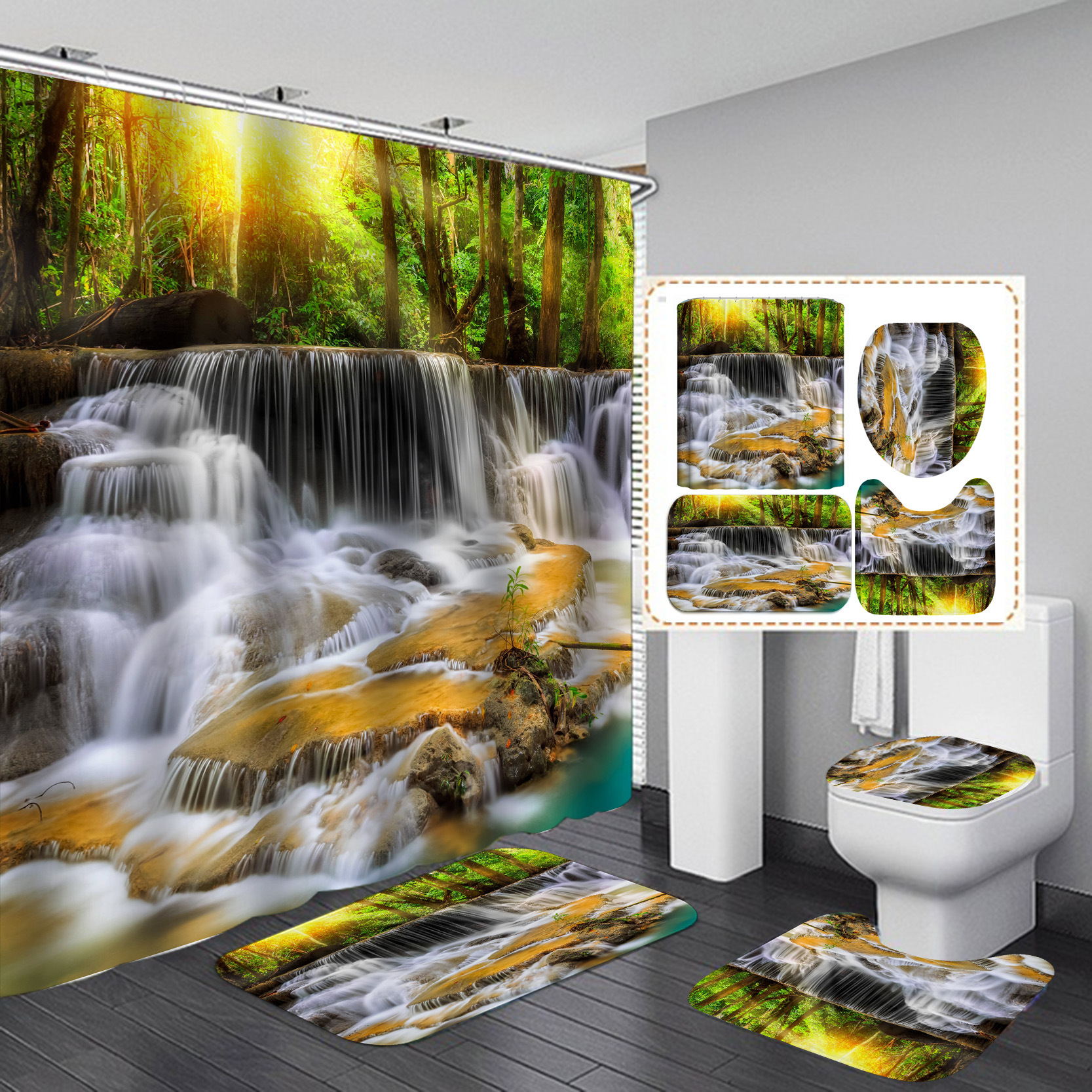 Suministro transfronterizo de cortinas de ducha de poliéster impermeables con estampado digital, serie cascada, resistentes al moho, suministro directo del fabricante, estilo moderno minimalista.