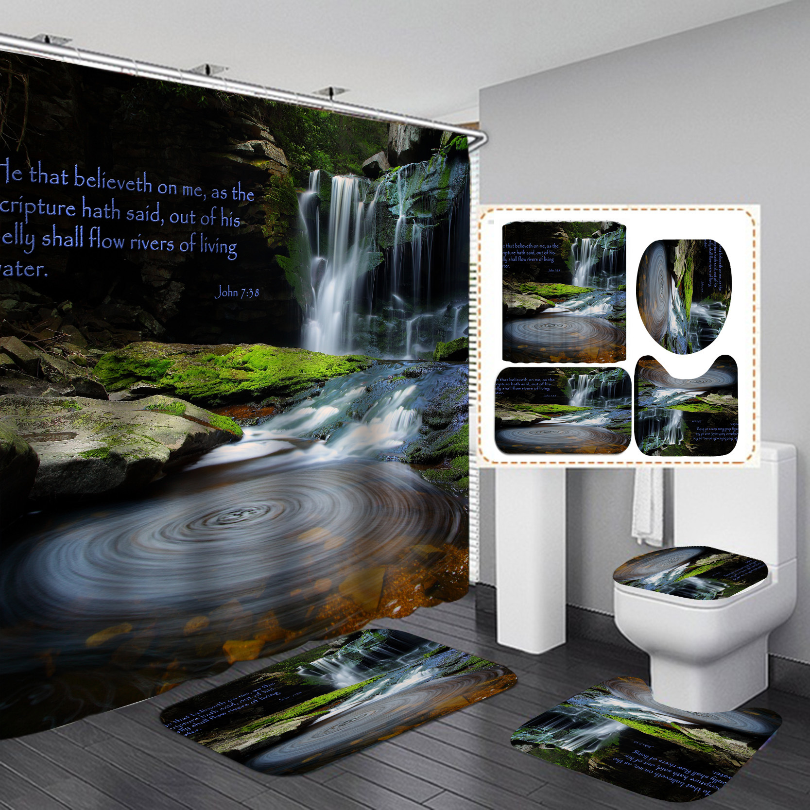 Suministro transfronterizo de cortinas de ducha de poliéster impermeables con estampado digital, serie cascada, resistentes al moho, suministro directo del fabricante, estilo moderno minimalista.