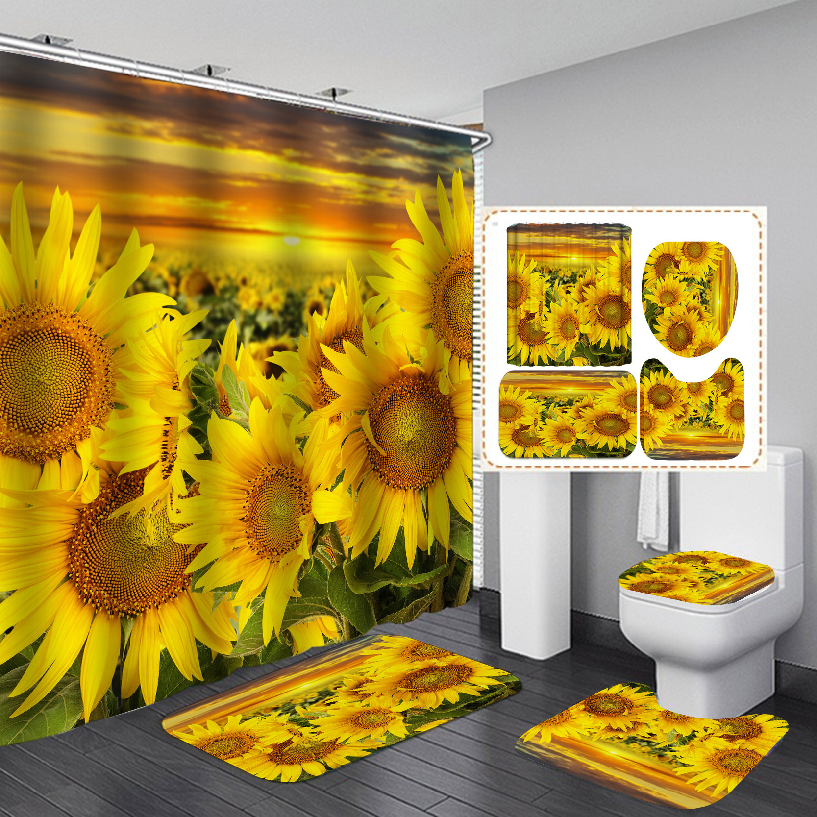 Amazon Venta caliente anti-moho impermeable poliéster impresión digital girasol cortina de ducha suministro directo de fábrica cortina de ducha al por mayor