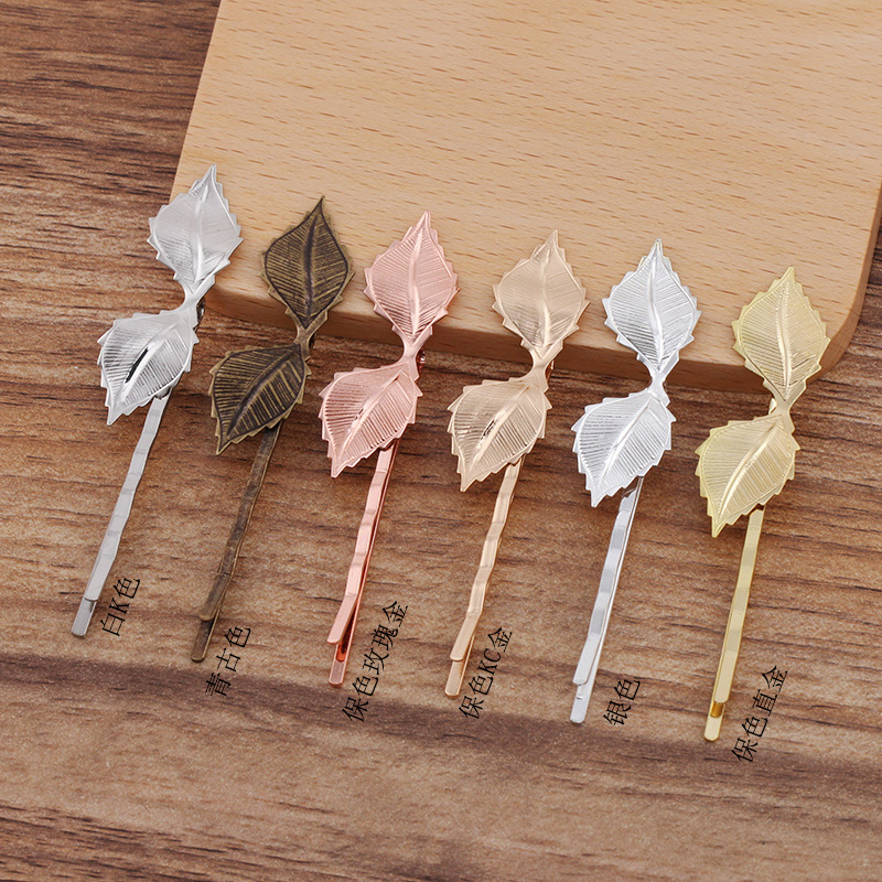 复古树叶花片发夹铜镀6色9*43mm花片发饰(07523)