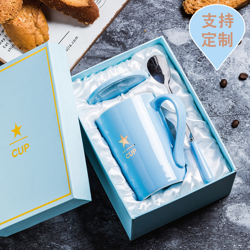 Taza de cerámica Taza de café Taza publicitaria Taza de agua con tapa Cuchara Caja de regalo Taza impresa Regalo LOGO