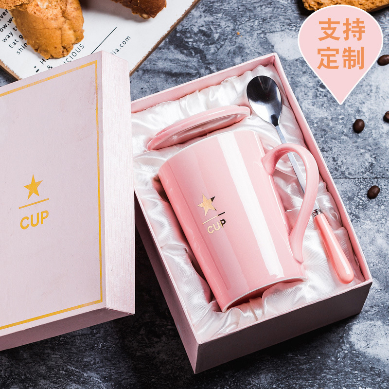 Taza de cerámica Taza de café Taza publicitaria Taza de agua con tapa Cuchara Caja de regalo Taza impresa Regalo LOGO