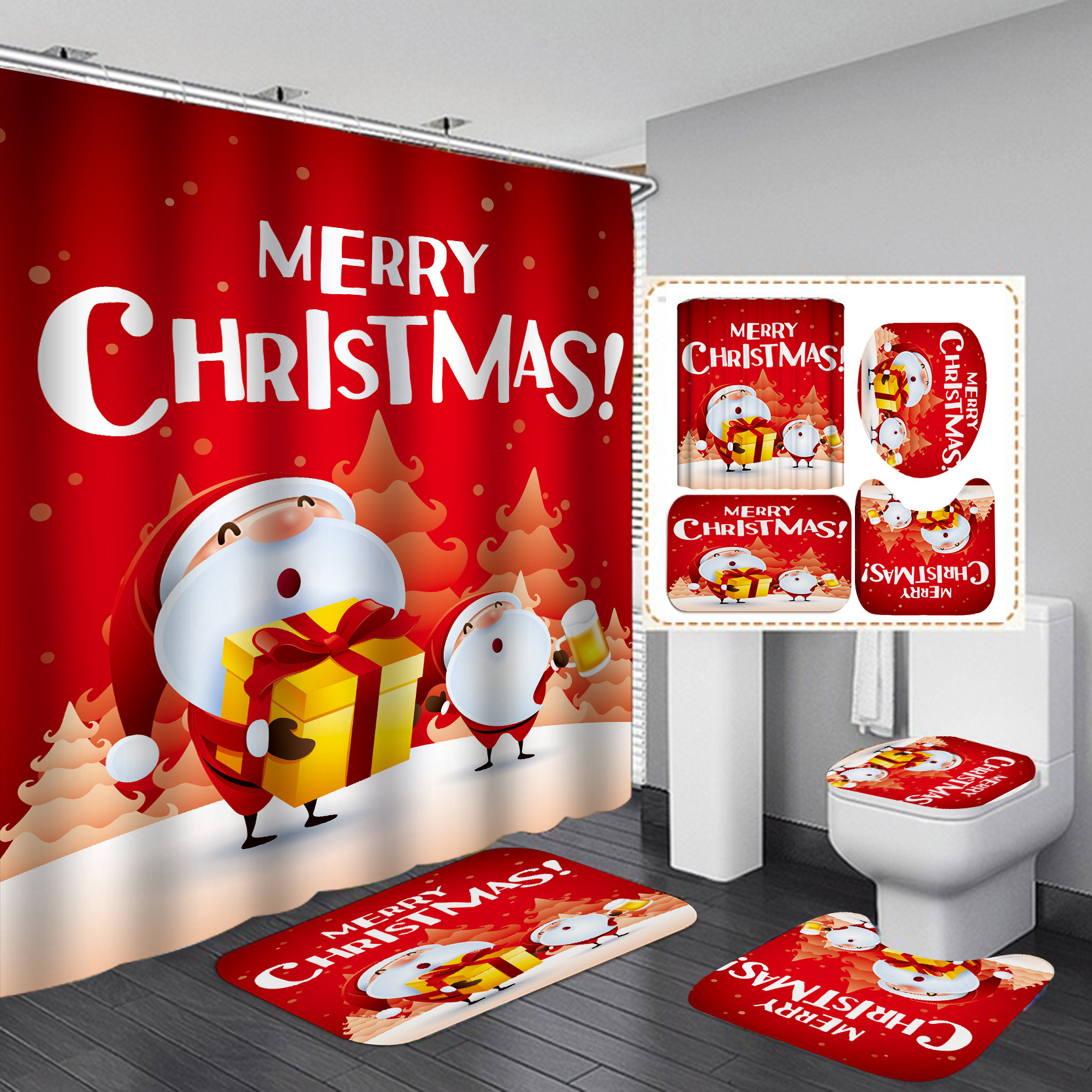 Comercio electrónico transfronterizo popular Impresión digital impermeable poliéster Santa Claus serie Cortina de ducha suministro directo de fábrica Cortina de ducha al por mayor