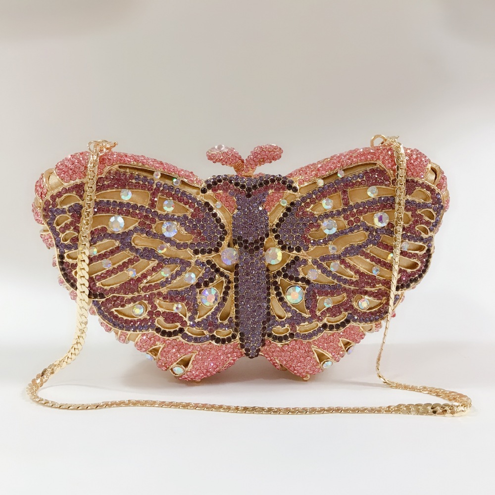 Bolsa de cena de mariposa con diamantes, caja dura hueca con diamantes llenos, bolsa de mano, bolso de fiesta, bolso de cristal, bolso de mujer