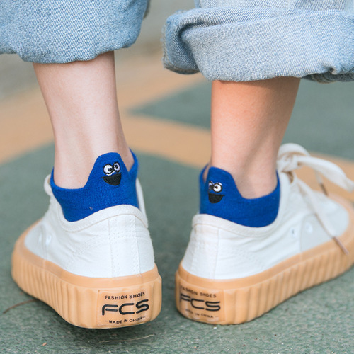 Spring and Summer High Heel Funny Expression Women's Cotton Socks Solid Color Pure Cotton Personalized Embroidery Adult Low Cut Boat Socks One Piece Shipping 