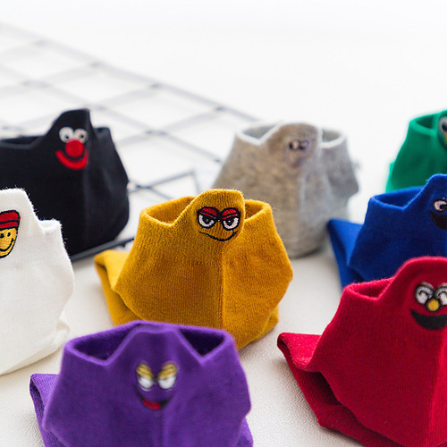 Spring and Summer High Heel Funny Expression Women's Cotton Socks Solid Color Pure Cotton Personalized Embroidery Adult Low Cut Boat Socks One Piece Shipping 