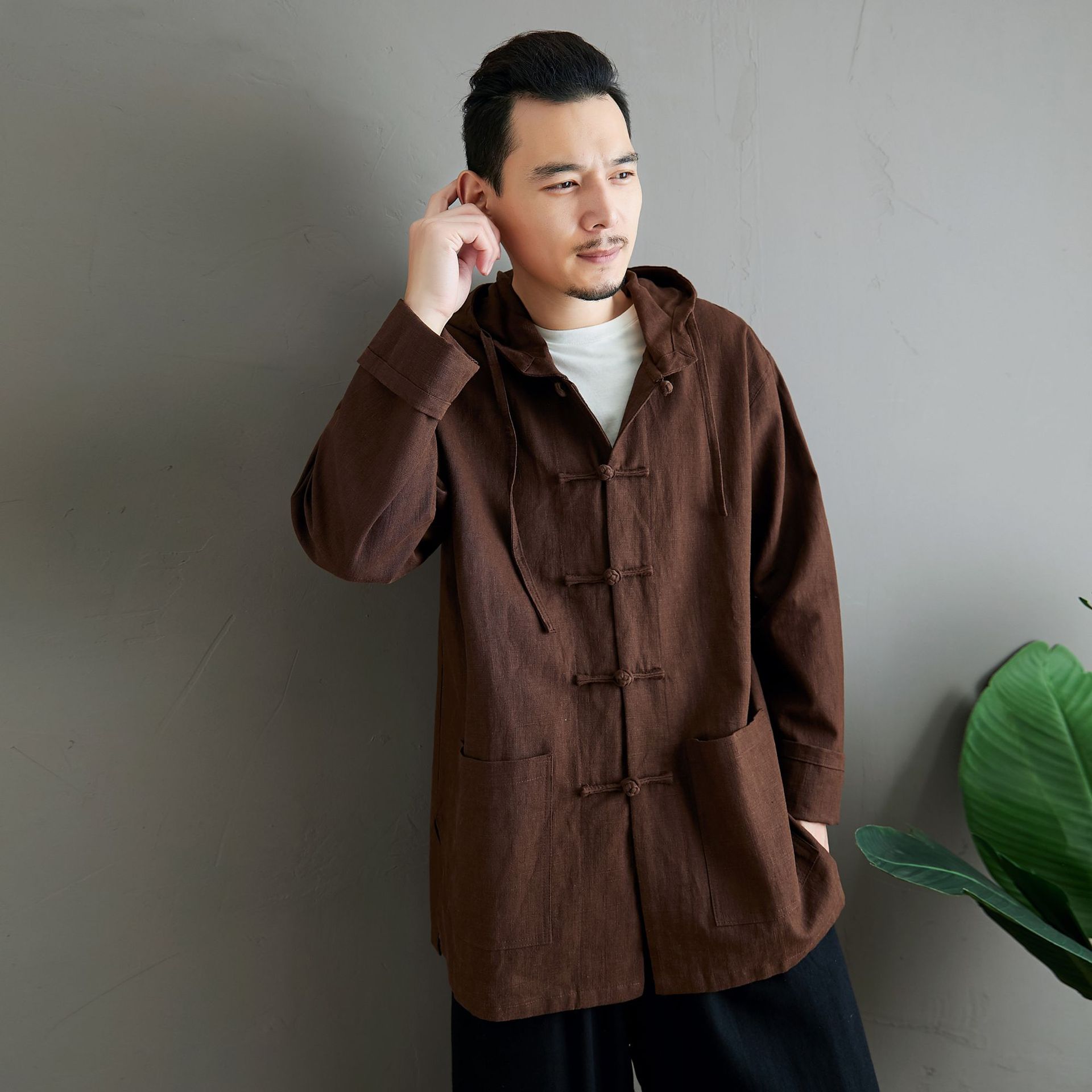 Spring New Ramie Buckle Hat Lapel Collar Collar Chinese Style Long-sleeved Single-breasted Loose Casual Jacket