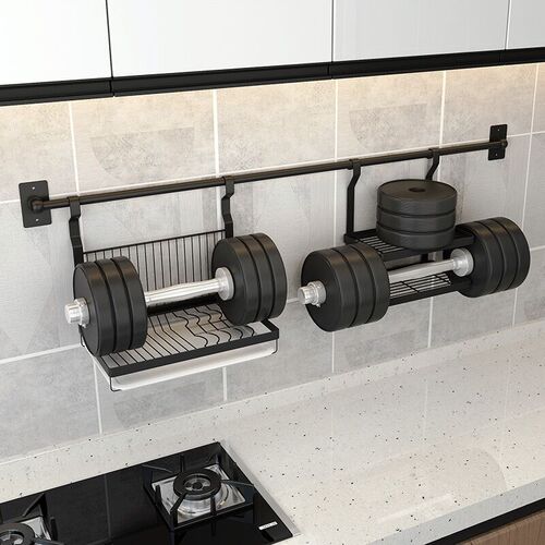 Stainless steel kitchen shelf without holes, black, multi-functional long hanging rod wall-mounted bowl and dish rack, spice rack, lid rack