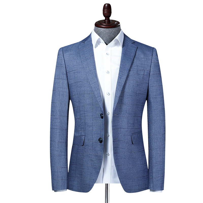 Áo vest nam kẻ caro phong cách Hàn, dáng ôm, cổ áo vest một hàng hai nút, tay dài — Xanh lam nhạt