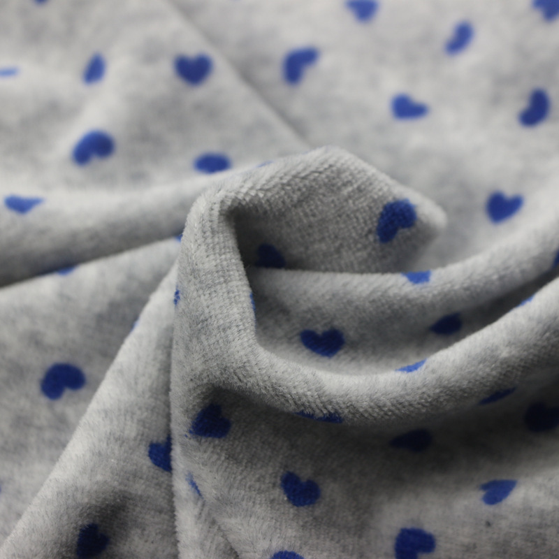 针织纬编棉涤剪绒麻灰鸡心活性印花CVC天鹅绒布运动夹克套装面料