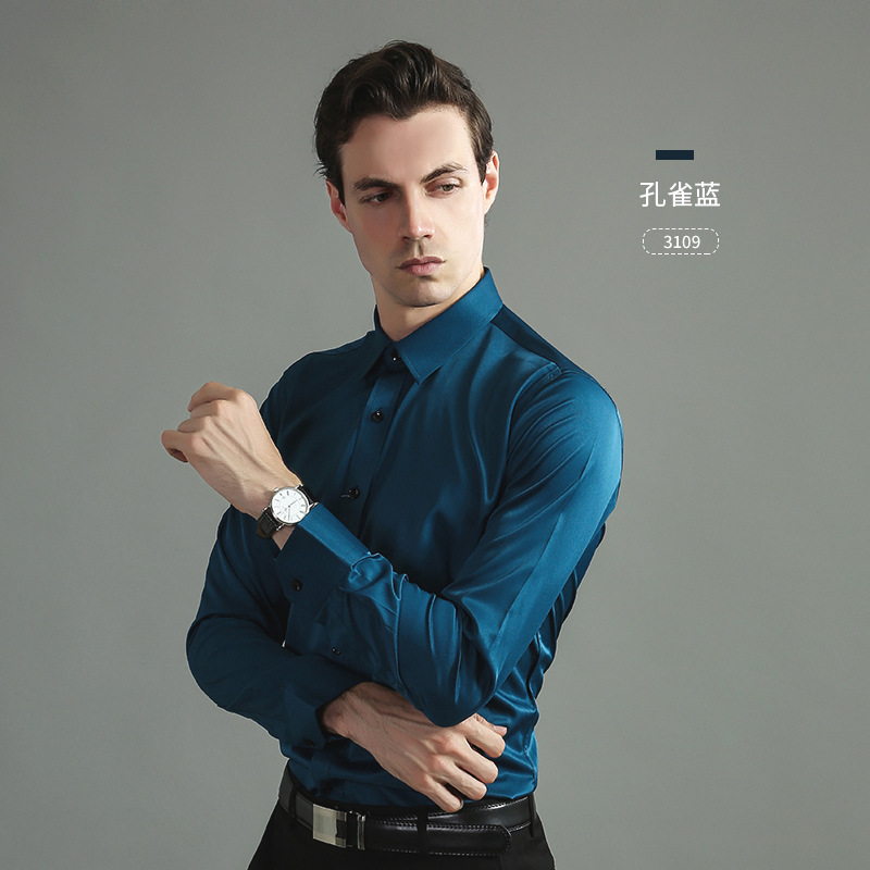 Cross-Border Four-Way Stretch Non-Iron Men's Long-Sleeved Shirt Foreign Trade Amazon European Size Men's Shirt Business Slim Fit
