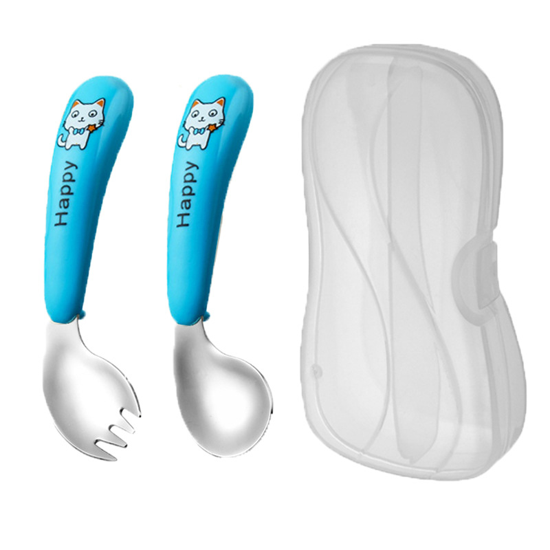 화이트 캣-블루 곡선 포크 스푼-투명 상자