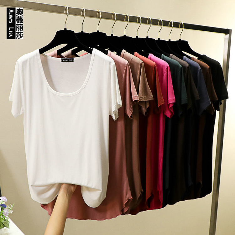 Spring and Summer round neck Korean style candy color modal bottoming shirt short sleeve large U collar top women's loose basic T-shirt