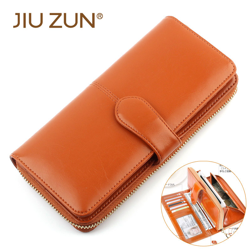 跨境新款 日式长款多功能真皮手拿钱包女士复古油蜡牛皮 本革財布