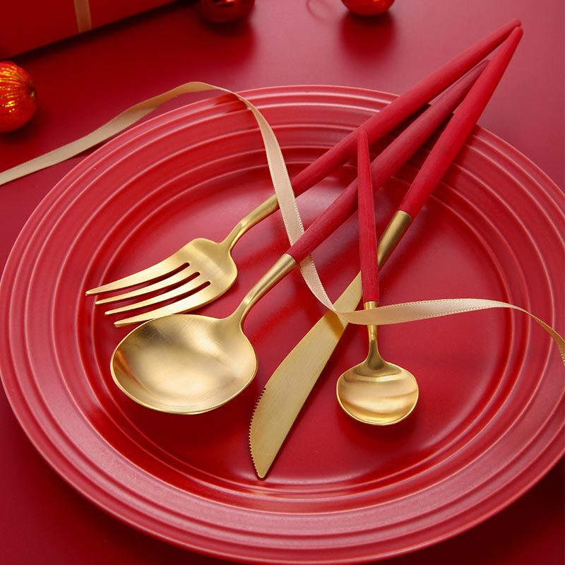 304 Stainless Steel Portuguese Tableware Knife, Fork, Spoon and Chopstick Set with Resin Handle Red 24K Real Gold Plated Gift Box