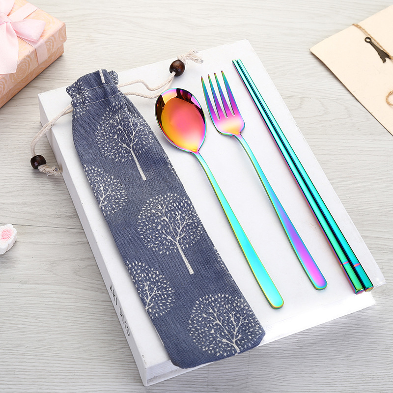 Stainless Steel 304 Food Grade Tableware Korean Korean Style Square Handle Fork Spoon Chopsticks Set Outdoor Portable Tableware Combination