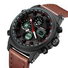 AMST艾美时表盘多功能运动电子手表防水男士皮带真皮led双显计时