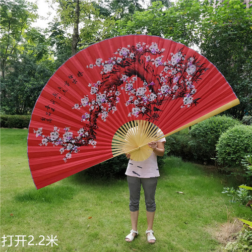 中国风绢布挂扇竹骨房间婚庆装饰墙壁大扇子红梅拍摄背景道具扇子