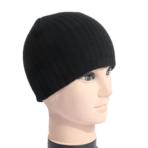无檐小便帽晴纶毛线条纹针织帽子 秋冬纯色冷帽 黑色光板毛线帽子