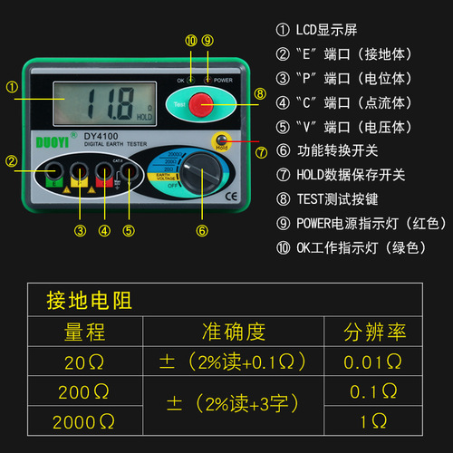 DY4100 Ground Resistance Tester Digital Grounding Tester Earth Resistance Tester Lightning Protection Grounding Tester