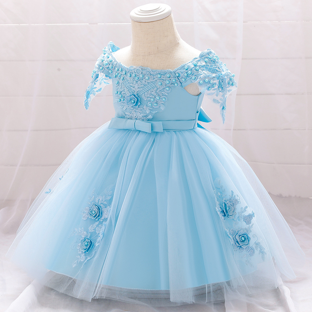 2024 European and American Girls One Year Old Dress Pearl Decal Princess Dress off-shoulder Baby Wedding Princess Dress