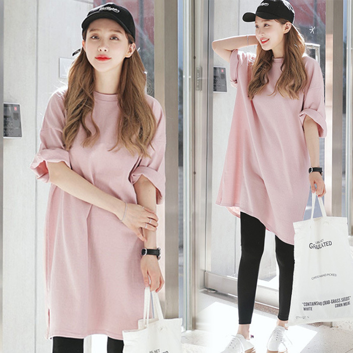2025 Korean Spring and Summer New Solid Color Loose T-Shirt Women's Plus Size Mid-Length Short-Sleeved T-Shirt Dress Top for Female Students